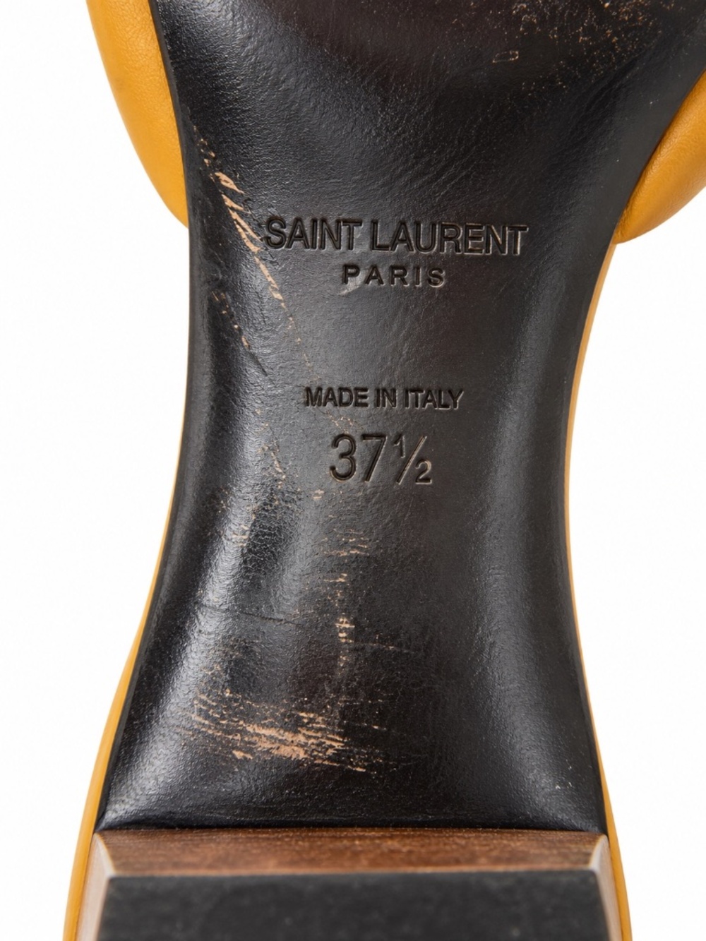 Saint Laurent YSL Mustard Leather Knot Wood Heel Mules Sandals Size 37.5 - Picture 6 of 9